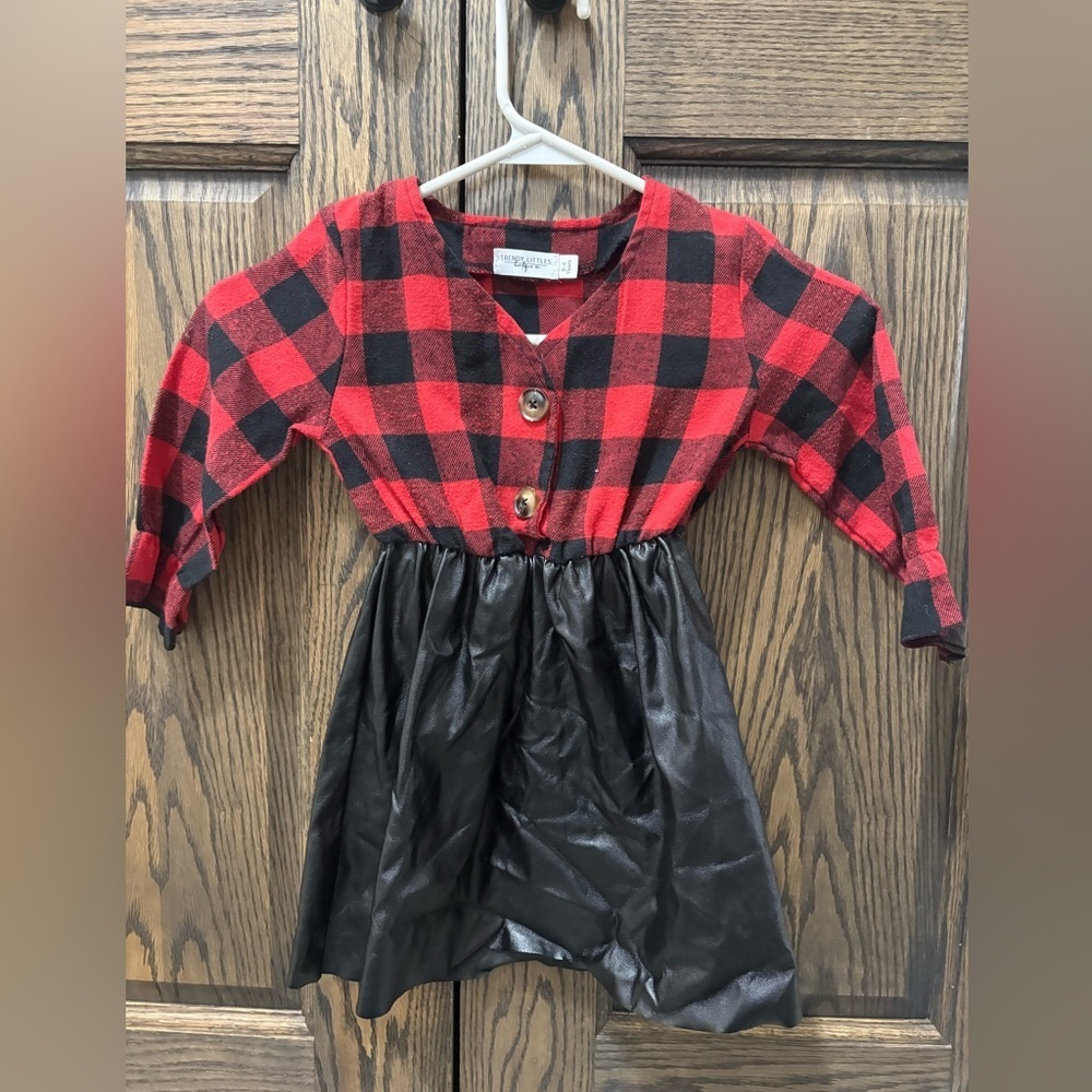 Girls Red & Black Plaid Dress with Black Faux-Leather Skirt